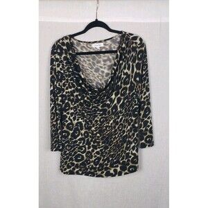 Calvin Klein Blouse Top XL Cowl Neck Cheetah Animal Print Mob Wife Safari Tribal